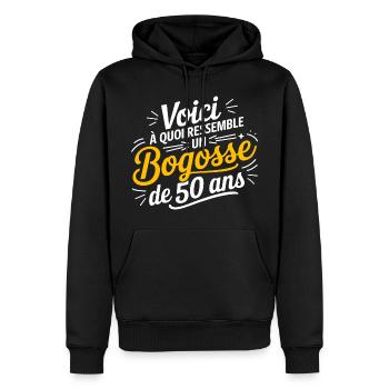 50 BECHER - Männer Premium Bio Hoodie - Schwarz - Vorne - Nico (187cm)
