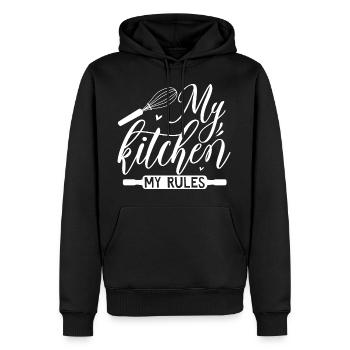 Ma cuisine Mes règles - Sweat à capuche Premium bio Homme - noir - Devant - Nico (187cm)