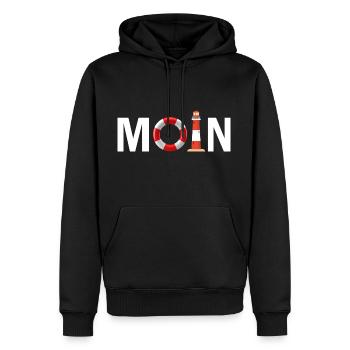 Moin mit dem Rettungsring und dem Leuchtturm Moin - Männer Premium Bio Hoodie - Schwarz - Vorne - Nico (187cm)