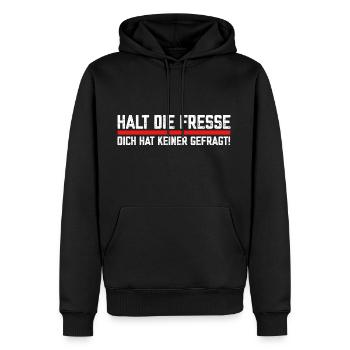 Halt die Fresse dich hat keiner gefragt Spruch - Männer Premium Bio Hoodie - Schwarz - Vorne - Nico (187cm)