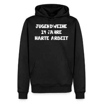 Jugendweihe 14 Jahre Harte Arbeit lustiger Spruch - Männer Premium Bio Hoodie - Schwarz - Vorne - Nico (187cm)