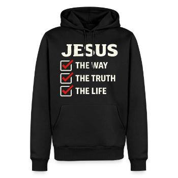 Verset biblique de Jésus, La voie de la vérité, la vie - Sweat à capuche Premium bio Homme - noir - Devant - Nico (187cm)