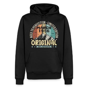 69e anniversaire mars 1956, mars 1956 - Sweat à capuche Premium bio Homme - noir - Devant - Nico (187cm)