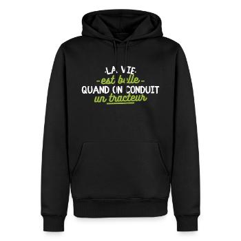 La vie est belle quand on conduit un tracteur - Sweat à capuche Premium bio Homme - noir - Devant - Nico (187cm)