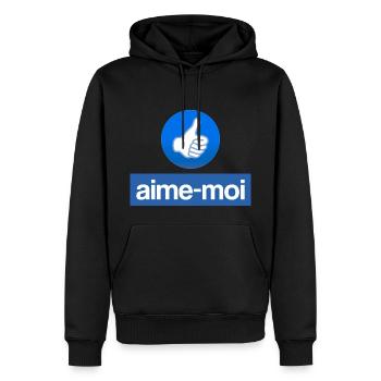 Aime-moi (lâche un pouce bleu !) - Sweat à capuche Premium bio Homme - noir - Devant - Nico (187cm)