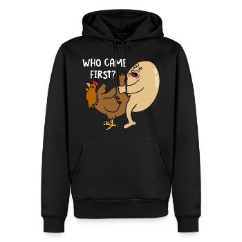 Who came first - Männer Premium Bio Hoodie - Schwarz - Vorne - Nico (187cm)