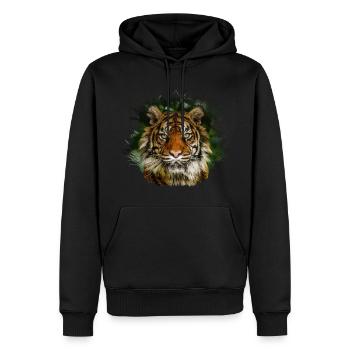 Tigre regardant à travers l’herbe - Sweat à capuche Premium bio Homme - noir - Devant - Nico (187cm)
