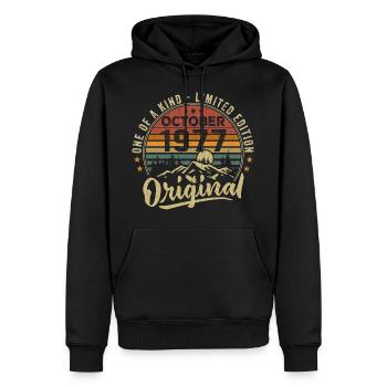 Cadeau Anniversaire | Millésime Né(e) Octobre 1977 - Sweat à capuche Premium bio Homme - noir - Devant - Nico (187cm)