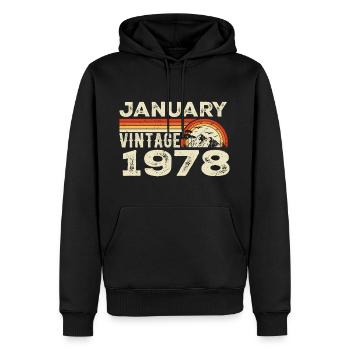 Janvier 1978 Vintage Anniversaire 1978, Né en 1978 - Sweat à capuche Premium bio Homme - noir - Devant - Nico (187cm)