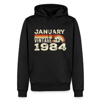Janvier 1984 Vintage Anniversaire 1984, Né en 1984 - Sweat à capuche Premium bio Homme - noir - Devant - Nico (187cm)