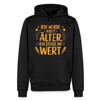 Je ne vieillis pas, je prends de la valeur en plus - Sweat à capuche Premium bio Homme - noir - Devant - Nico (187cm)
