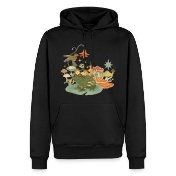 Cottagecore avec grenouille, champignons et colibri - Sweat à capuche Premium bio Homme - noir - Devant - Nico (187cm)