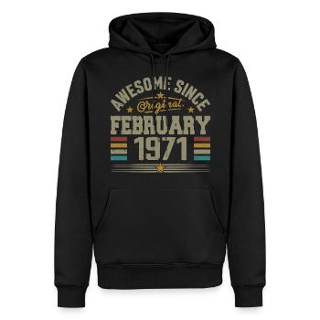 Février 1971 Cadeau 54e Anniversaire, Février 1971 - Sweat à capuche Premium bio Homme - noir - Devant - Nico (187cm)
