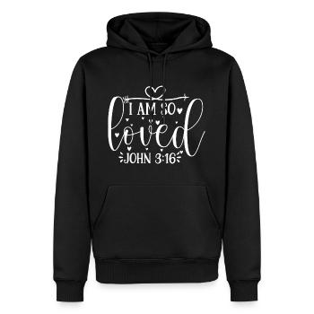 I Am So Loved - John 3:16 - Men’s Premium Organic Hoodie - black - Front - Nico (187cm)