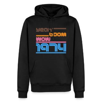 Vintage 1974 Shirt Retro yes Boom Wow - Men’s Premium Organic Hoodie - black - Front - Nico (187cm)