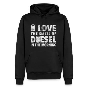 Aime l'odeur du diesel dans le mécanicien du matin - Sweat à capuche Premium bio Homme - noir - Devant - Nico (187cm)