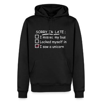 Désolé, je suis en retard I Saw A Unicorn - Sweat à capuche Premium bio Homme - noir - Devant - Nico (187cm)
