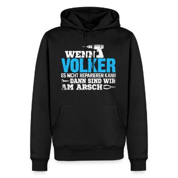 VOLKER - kann es reparieren - Männer Premium Bio Hoodie - Schwarz - Vorne - Nico (187cm)
