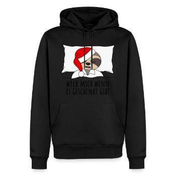 Weck mich wenn es Geschenke gibt Faultier im Bett - Männer Premium Bio Hoodie - Schwarz - Vorne - Nico (187cm)