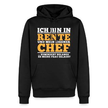 Rente Spruch. Eigener Chef solange Frau es erlaubt - Männer Premium Bio Hoodie - Schwarz - Vorne - Nico (187cm)