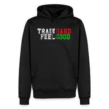 Train Hard Feel Good - Männer Premium Bio Hoodie - Schwarz - Vorne - Nico (187cm)