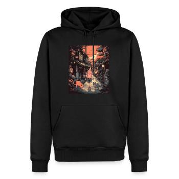 Lofi Japan Street Design with Girl and Cat - Cozy - Männer Premium Bio Hoodie - Schwarz - Vorne - Nico (187cm)