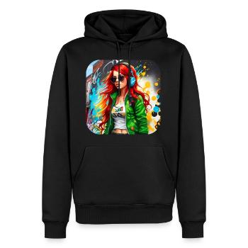 Fille rousse irlandaise cool avec des écouteurs - Sweat à capuche Premium bio Homme - noir - Devant - Nico (187cm)