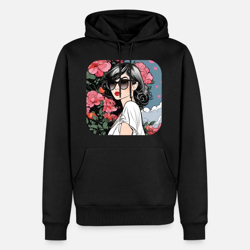 Fille cool avec des lunettes de soleil et des fleurs - Sweat à capuche Premium bio Homme - noir
