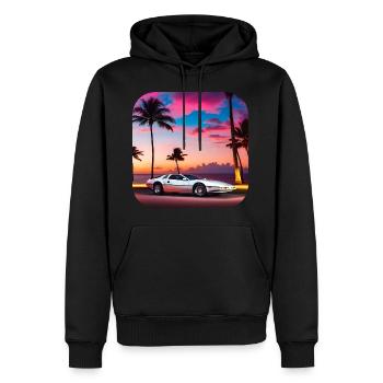 Cooles Auto mit Palmen im Sonnenuntergang IV - Männer Premium Bio Hoodie - Schwarz - Vorne - Nico (187cm)
