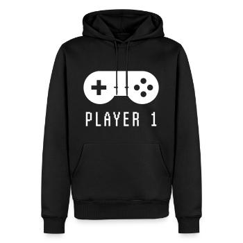 Gamer Player 1 - Sweat à capuche Premium bio Homme - noir - Devant - Nico (187cm)
