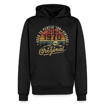 Juillet 1970 Juillet 1970 Anniversaire Juillet 1970 - Sweat à capuche Premium bio Homme - noir - Devant - Nico (187cm)