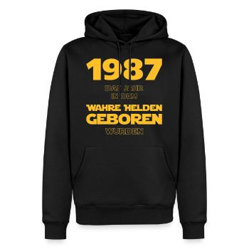 1987 - das Geburtsjahr wahrer Helden! - Männer Premium Bio Hoodie - Schwarz - Vorne - Nico (187cm)