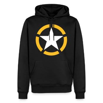 AVM STAR WHITE YELLOW 5 CUT v002 - Men’s Premium Organic Hoodie - black - Front - Nico (187cm)