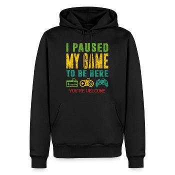 J'ai suspendu mon jeu pour être ici - Sweat à capuche Premium bio Homme - noir - Devant - Nico (187cm)