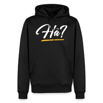 Huh? - Men’s Premium Organic Hoodie - black - Front - Nico (187cm)