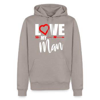 LOVE MY MAN - Valentine's Day - Men’s Premium Organic Hoodie - taupe - Front - Nico (187cm)