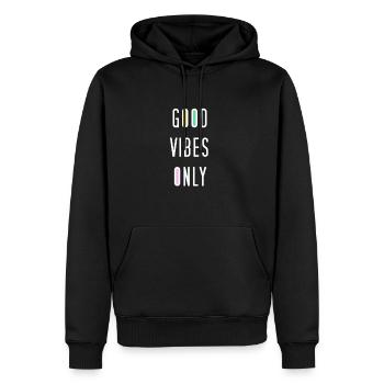 GOOD VIBES ONLY.Motivation - Männer Premium Bio Hoodie - Schwarz - Vorne - Nico (187cm)