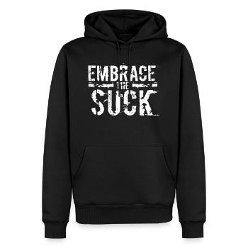 Chemise amère pleine de sarcasmes disant "Embrace - Sweat à capuche Premium bio Homme - noir - Devant - Nico (187cm)