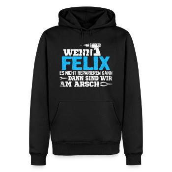 FELIX - kann es reparieren - Männer Premium Bio Hoodie - Schwarz - Vorne - Nico (187cm)
