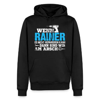 RAINER - kann es reparieren - Männer Premium Bio Hoodie - Schwarz - Vorne - Nico (187cm)