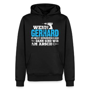 GERHARD - kann es reparieren - Männer Premium Bio Hoodie - Schwarz - Vorne - Nico (187cm)