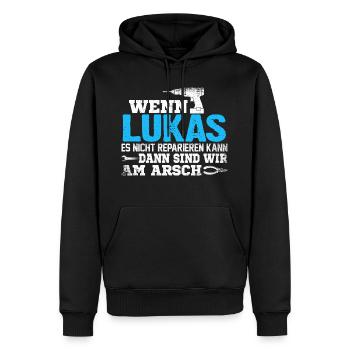 LUKAS - kann es reparieren - Männer Premium Bio Hoodie - Schwarz - Vorne - Nico (187cm)