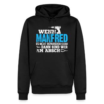 MANFRED - kann es reparieren - Männer Premium Bio Hoodie - Schwarz - Vorne - Nico (187cm)