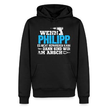 PHILIPP - kann es reparieren - Männer Premium Bio Hoodie - Schwarz - Vorne - Nico (187cm)