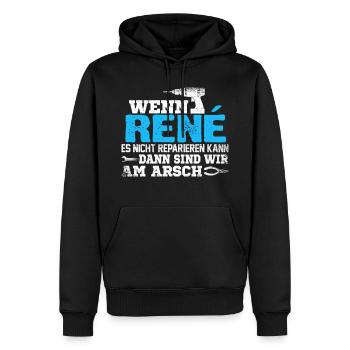 RENÉ - kann es reparieren - Männer Premium Bio Hoodie - Schwarz - Vorne - Nico (187cm)