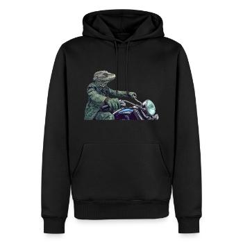 Reptil in Grün auf einem Motorrad - Männer Premium Bio Hoodie - Schwarz - Vorne - Nico (187cm)