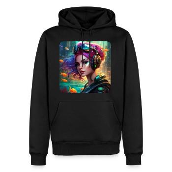 Fille cyberpunk cool avec des écouteurs et du poisson - Sweat à capuche Premium bio Homme - noir - Devant - Nico (187cm)
