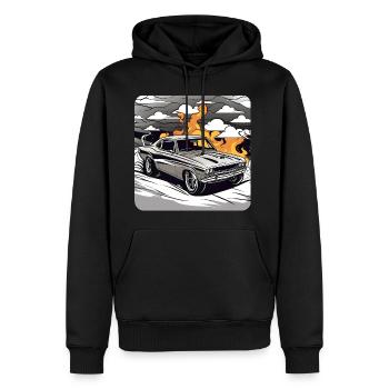 Oldtimer Drift Auto Turbo Rallye mit Feuer - Männer Premium Bio Hoodie - Schwarz - Vorne - Nico (187cm)