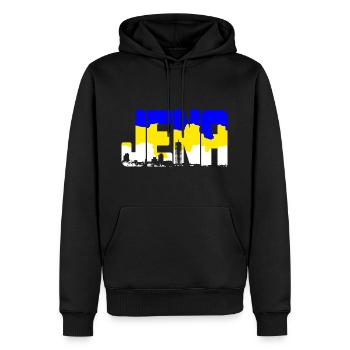 Jena Schriftzug Blau Gelb Weiß mit Skyline - Männer Premium Bio Hoodie - Schwarz - Vorne - Nico (187cm)