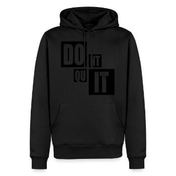 motivation spruch cool ausdauer fitness text logo - Männer Premium Bio Hoodie - Schwarz - Vorne - Nico (187cm)